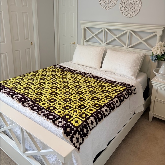Vintage Hand Crafted Crochet Yellow and Brown Granny Square Blanket/ Throw